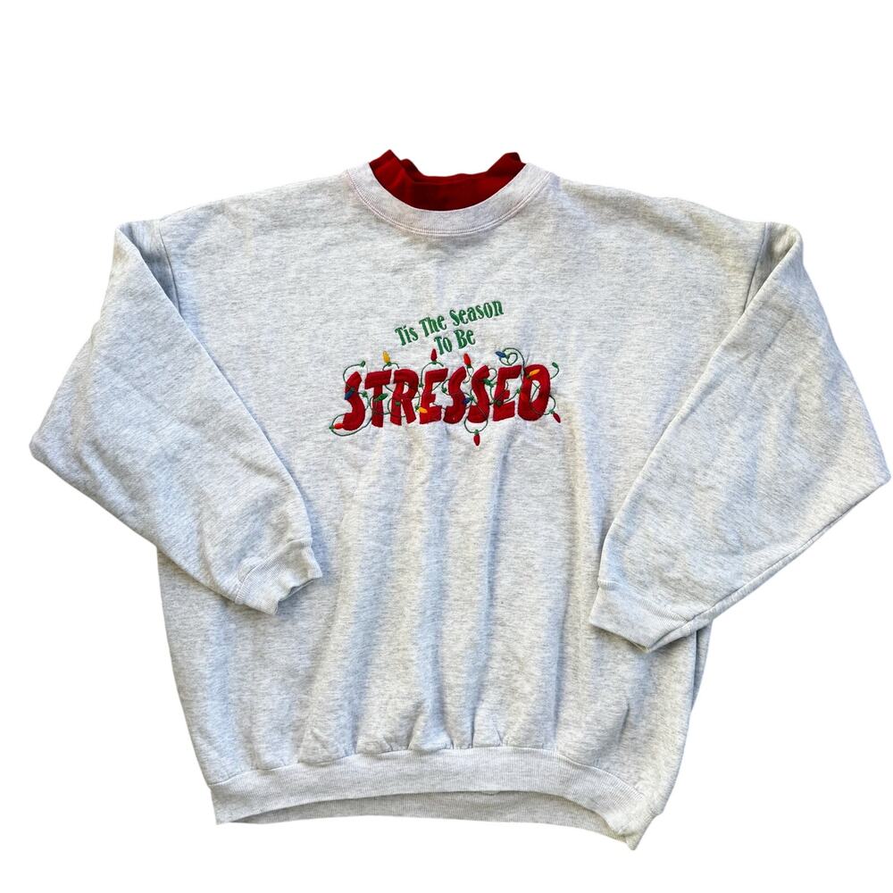 Vtg 1990s Christmas Tis the Season to Be Stressed Mock Neck Sweatshirt Sz PL